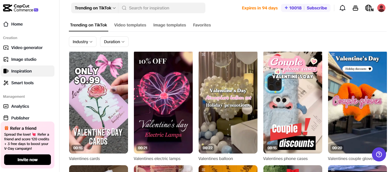 Screenshot of CapCut Commerce website displaying Valentine's Day items, ideal for exploring dropshipping niches.